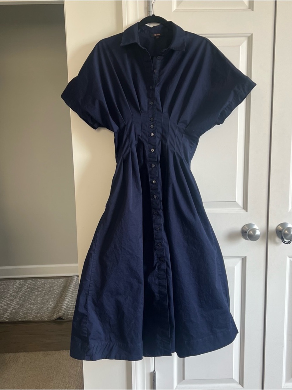 Quince Midi Shirt Dress Collar Short Sleeve Button-Front Navy Blue Small